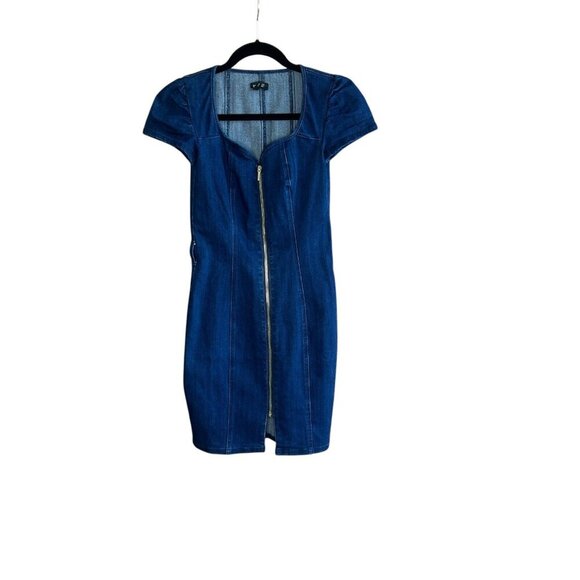 bebe Dark Denim Stretch Sweetheart Neckine Bodycon Front Zip Dress Size 0 - Picture 1 of 9